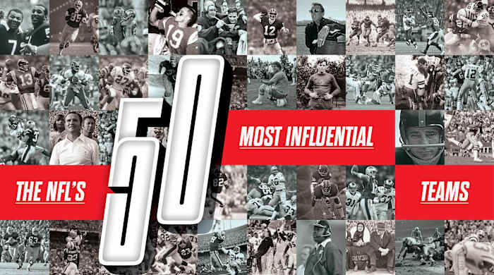 “The NFL’s 50 Most Influential Teams” text overlay with a collage of black and white football photos